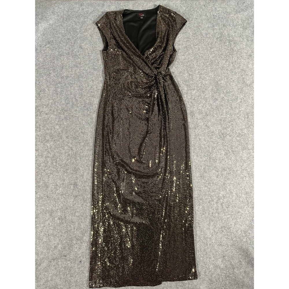 JM Studio Metallic Sheath Dress 6 Gold Black Faux Wrap V-Neck Cocktail